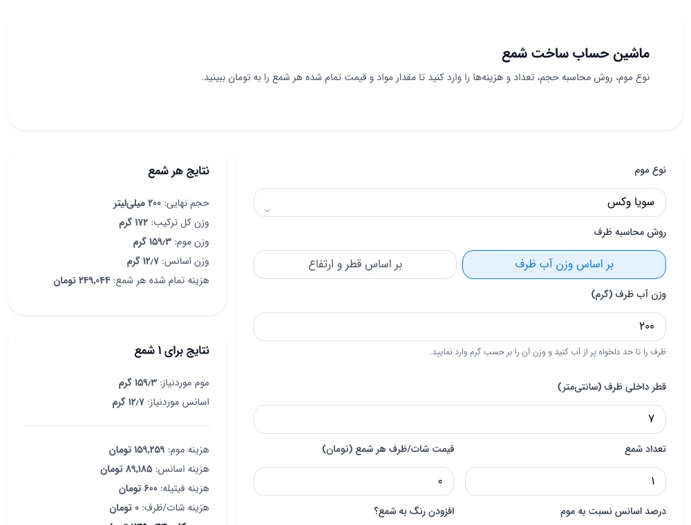 ماشین حساب شمع سازی هنری آکادمی؛ محاسبه وزن موم، اسانس و قیمت تمام&zwnj;شده